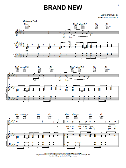 Download Pharrell Williams Brand New Sheet Music and learn how to play Piano, Vocal & Guitar (Right-Hand Melody) PDF digital score in minutes