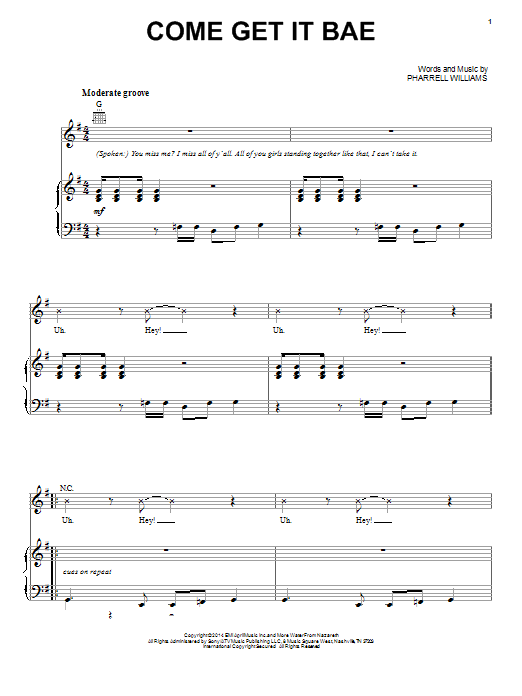 Download Pharrell Williams Come Get It Bae Sheet Music and learn how to play Piano, Vocal & Guitar (Right-Hand Melody) PDF digital score in minutes