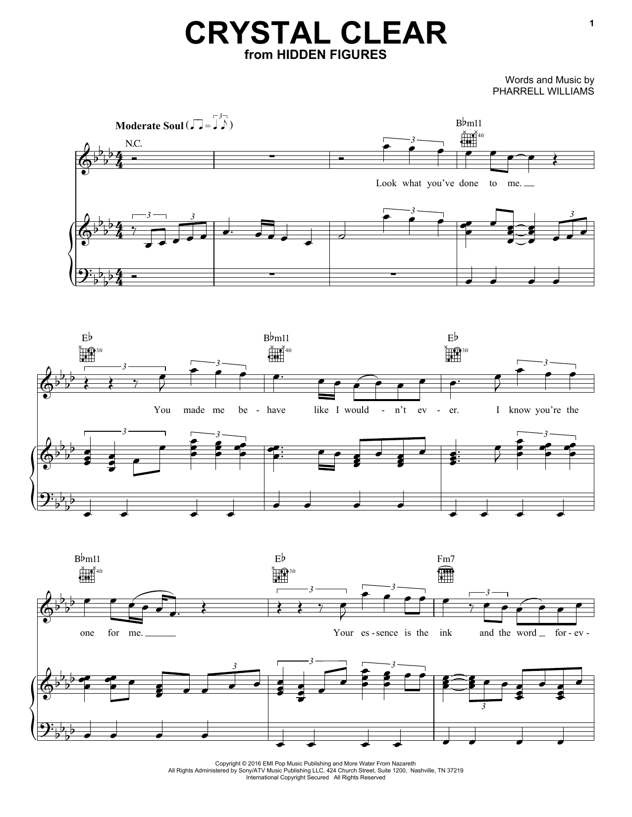 Download Pharrell Williams Crystal Clear Sheet Music and learn how to play Piano, Vocal & Guitar (Right-Hand Melody) PDF digital score in minutes