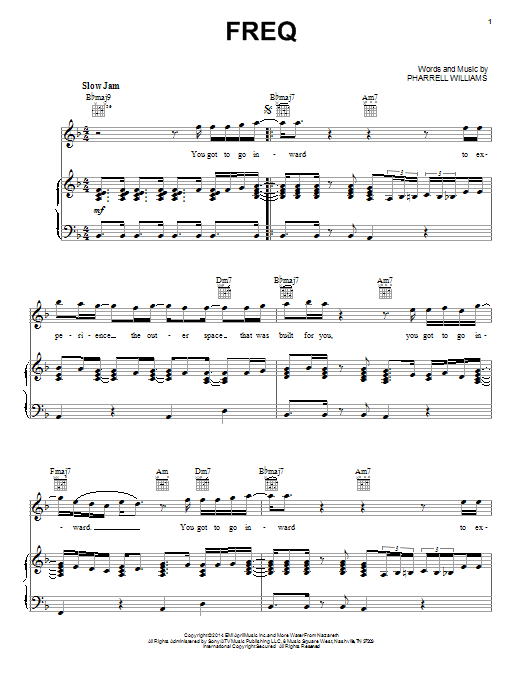 Download Pharrell Williams Freq Sheet Music and learn how to play Piano, Vocal & Guitar (Right-Hand Melody) PDF digital score in minutes