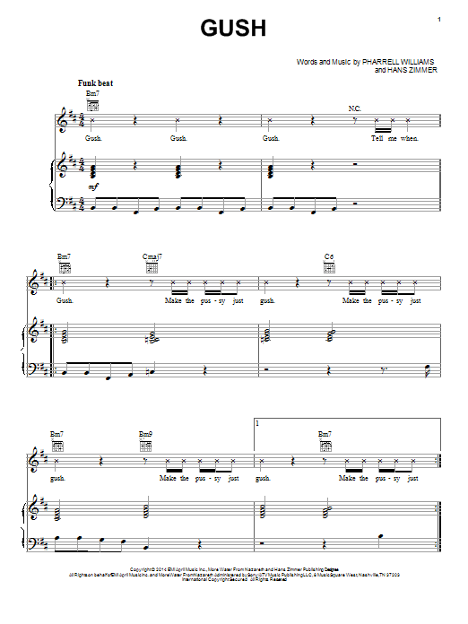 Download Pharrell Williams Gush Sheet Music and learn how to play Piano, Vocal & Guitar (Right-Hand Melody) PDF digital score in minutes