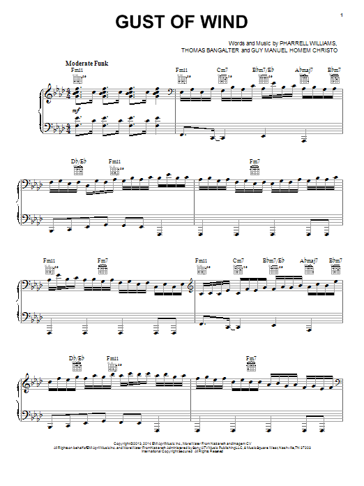 Download Pharrell Williams Gust Of Wind (feat. Daft Punk) Sheet Music and learn how to play Piano, Vocal & Guitar (Right-Hand Melody) PDF digital score in minutes