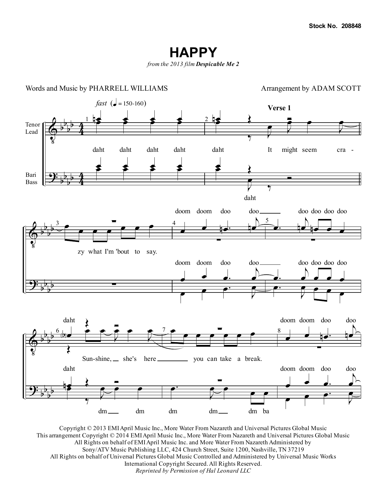 Download Pharrell Williams Happy (from Despicable Me 2) (arr. Adam Scott) Sheet Music and learn how to play SSAA Choir PDF digital score in minutes