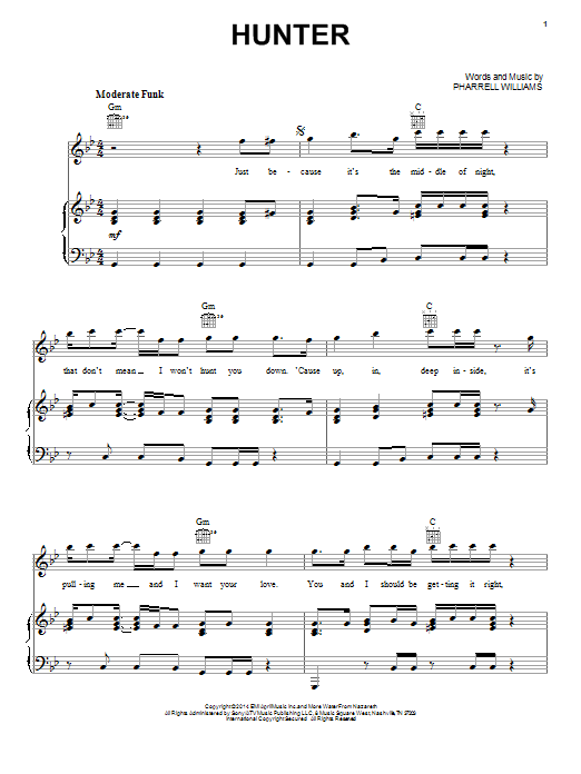 Download Pharrell Williams Hunter Sheet Music and learn how to play Piano, Vocal & Guitar (Right-Hand Melody) PDF digital score in minutes