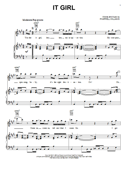 Download Pharrell Williams It Girl Sheet Music and learn how to play Piano, Vocal & Guitar (Right-Hand Melody) PDF digital score in minutes