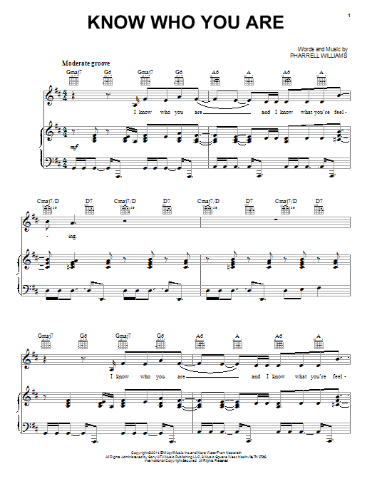 Download Pharrell Williams Know Who You Are Sheet Music and learn how to play Piano, Vocal & Guitar (Right-Hand Melody) PDF digital score in minutes