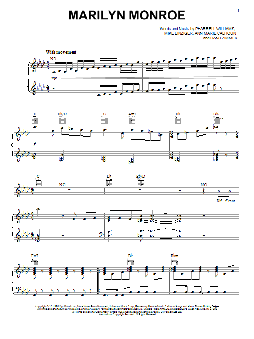 Download Pharrell Williams Marilyn Monroe Sheet Music and learn how to play Piano, Vocal & Guitar (Right-Hand Melody) PDF digital score in minutes