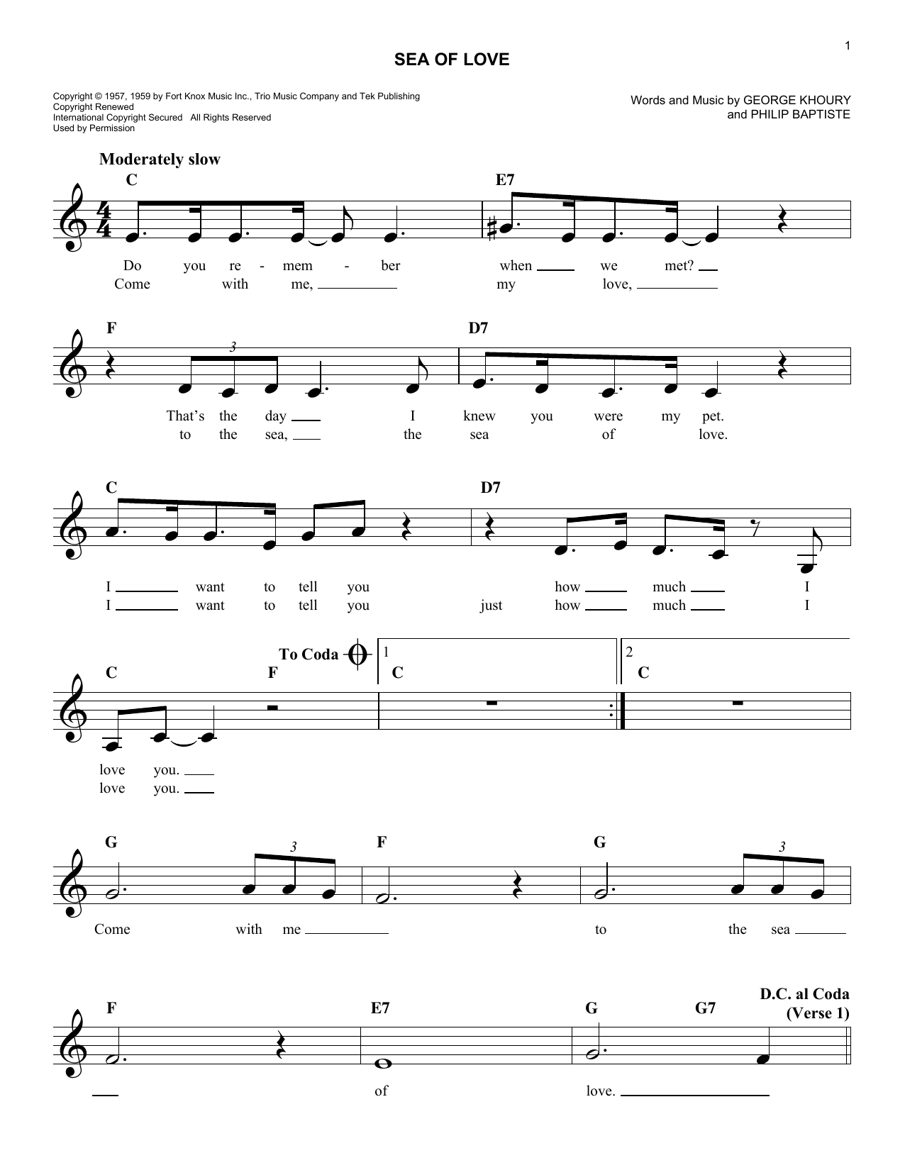 Download Phil Baptiste Sea Of Love Sheet Music and learn how to play Melody Line, Lyrics & Chords PDF digital score in minutes