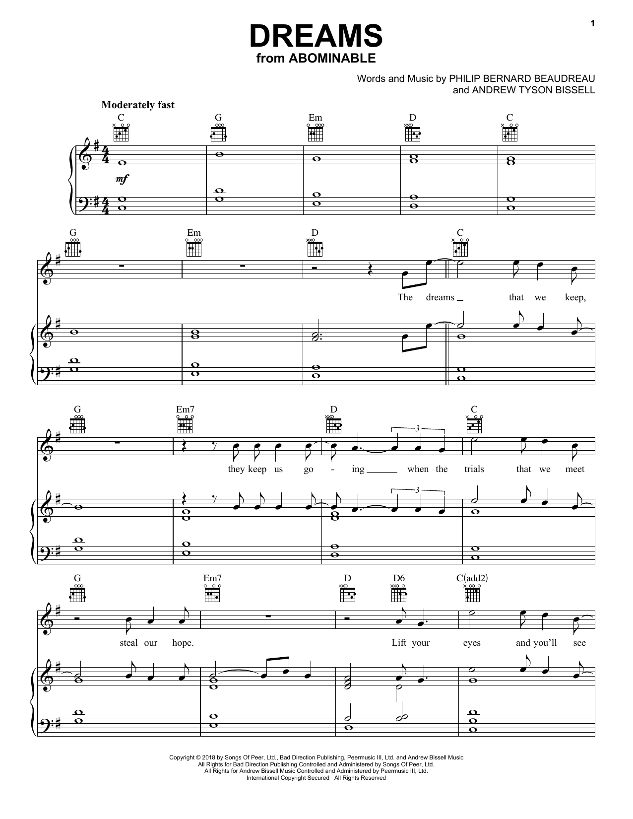 Download Phil Beaudreau Dreams (from the Motion Picture Abominable) Sheet Music and learn how to play Piano, Vocal & Guitar Chords (Right-Hand Melody) PDF digital score in minutes