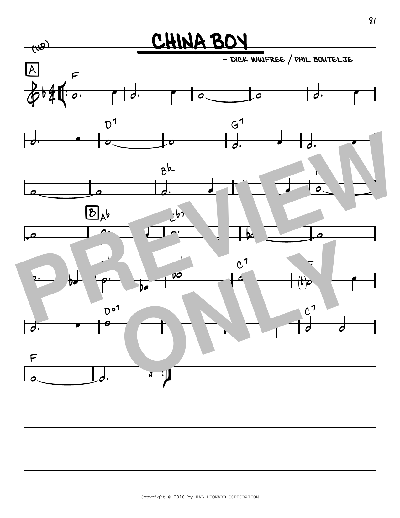 Download Phil Boutelje China Boy (arr. Robert Rawlins) Sheet Music and learn how to play Real Book – Melody, Lyrics & Chords PDF digital score in minutes