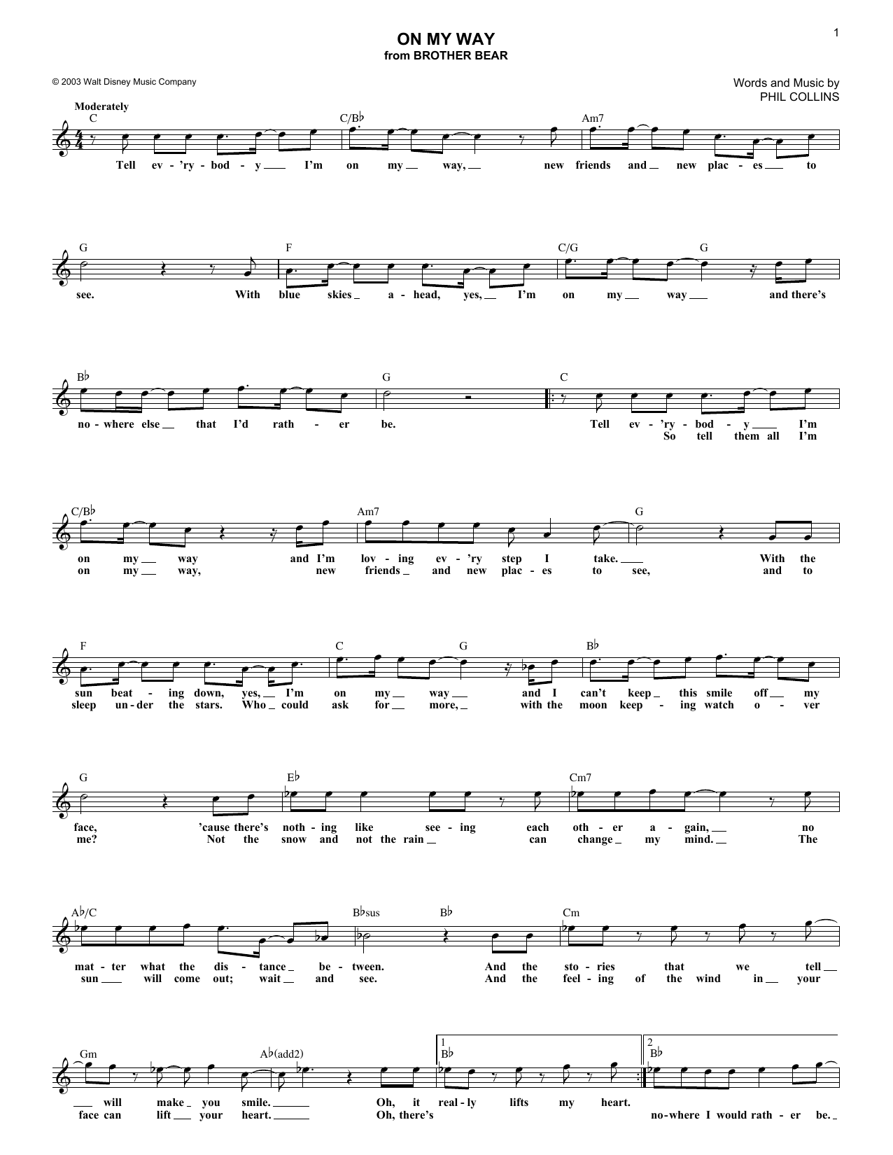 Download Phil Collins On My Way (from Brother Bear) Sheet Music and learn how to play Lead Sheet / Fake Book PDF digital score in minutes