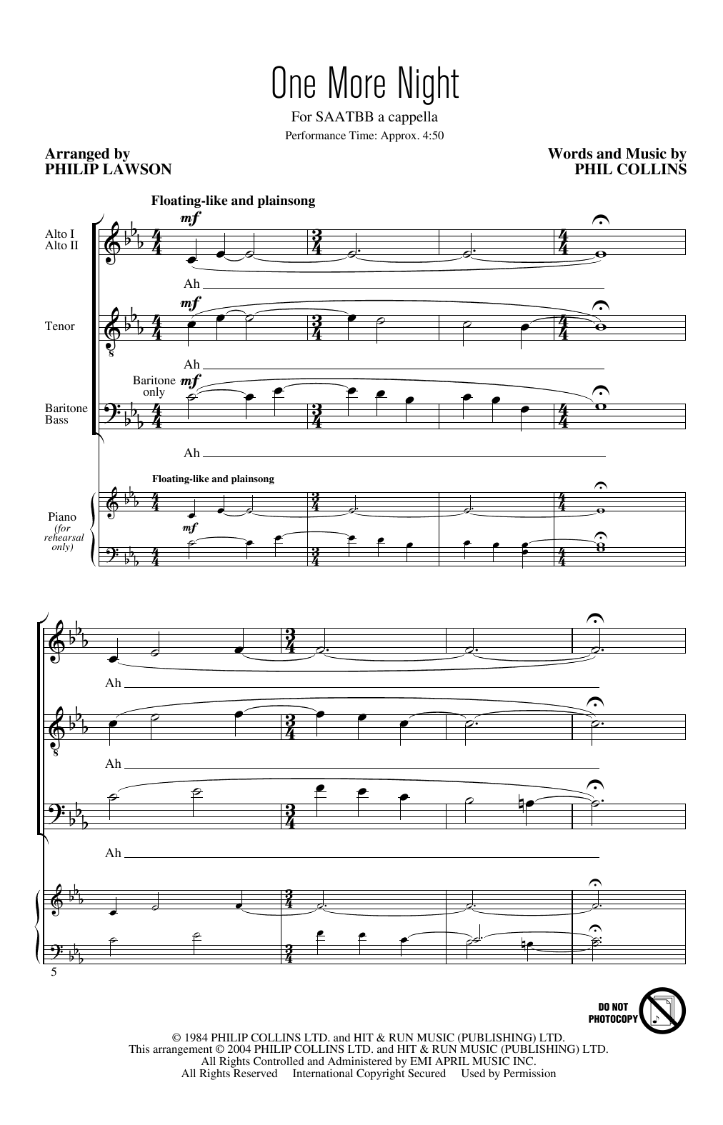 Download Phil Collins One More Night (arr. Philip Lawson) Sheet Music and learn how to play SATB Choir PDF digital score in minutes