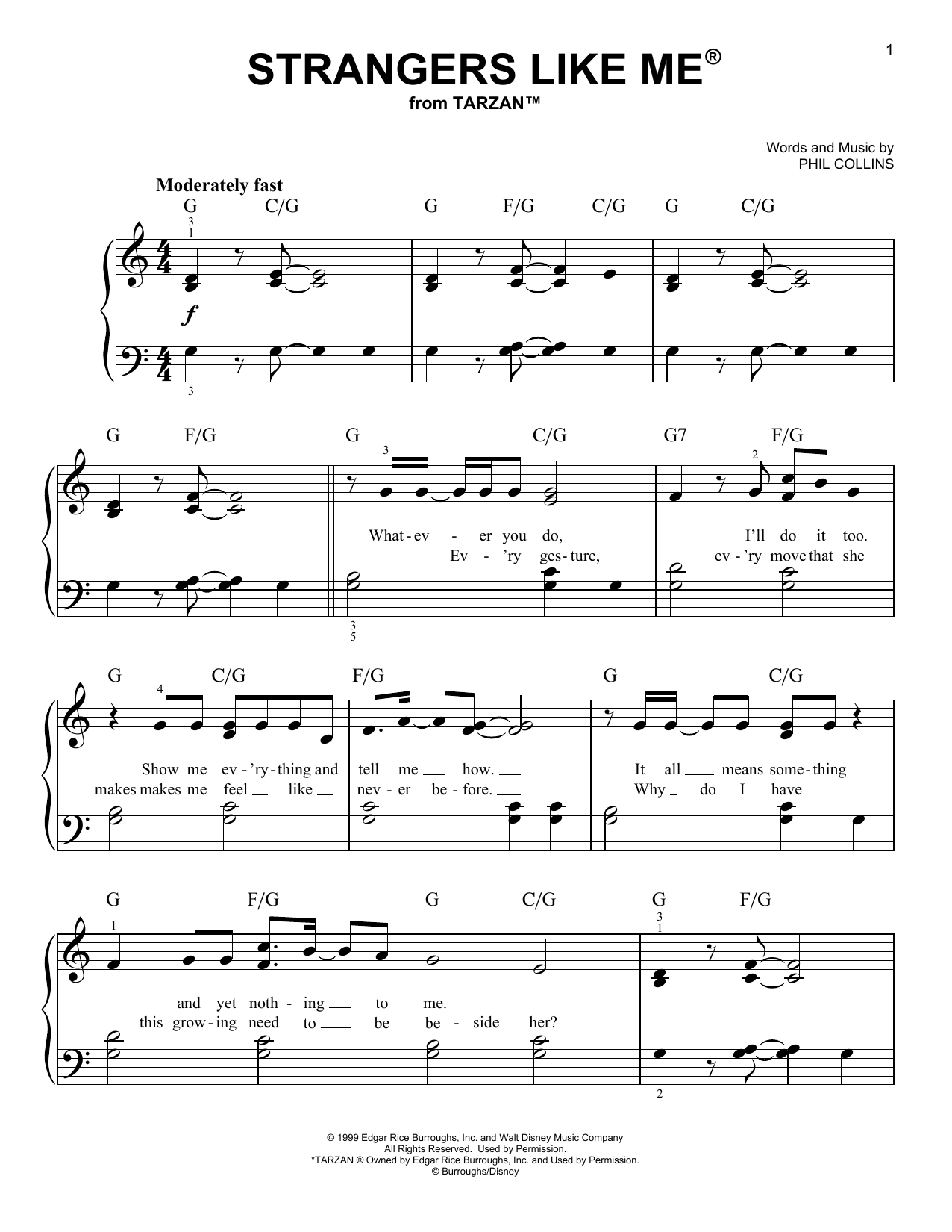 Download Phil Collins Strangers Like Me (from Tarzan) Sheet Music and learn how to play Easy Guitar Tab PDF digital score in minutes