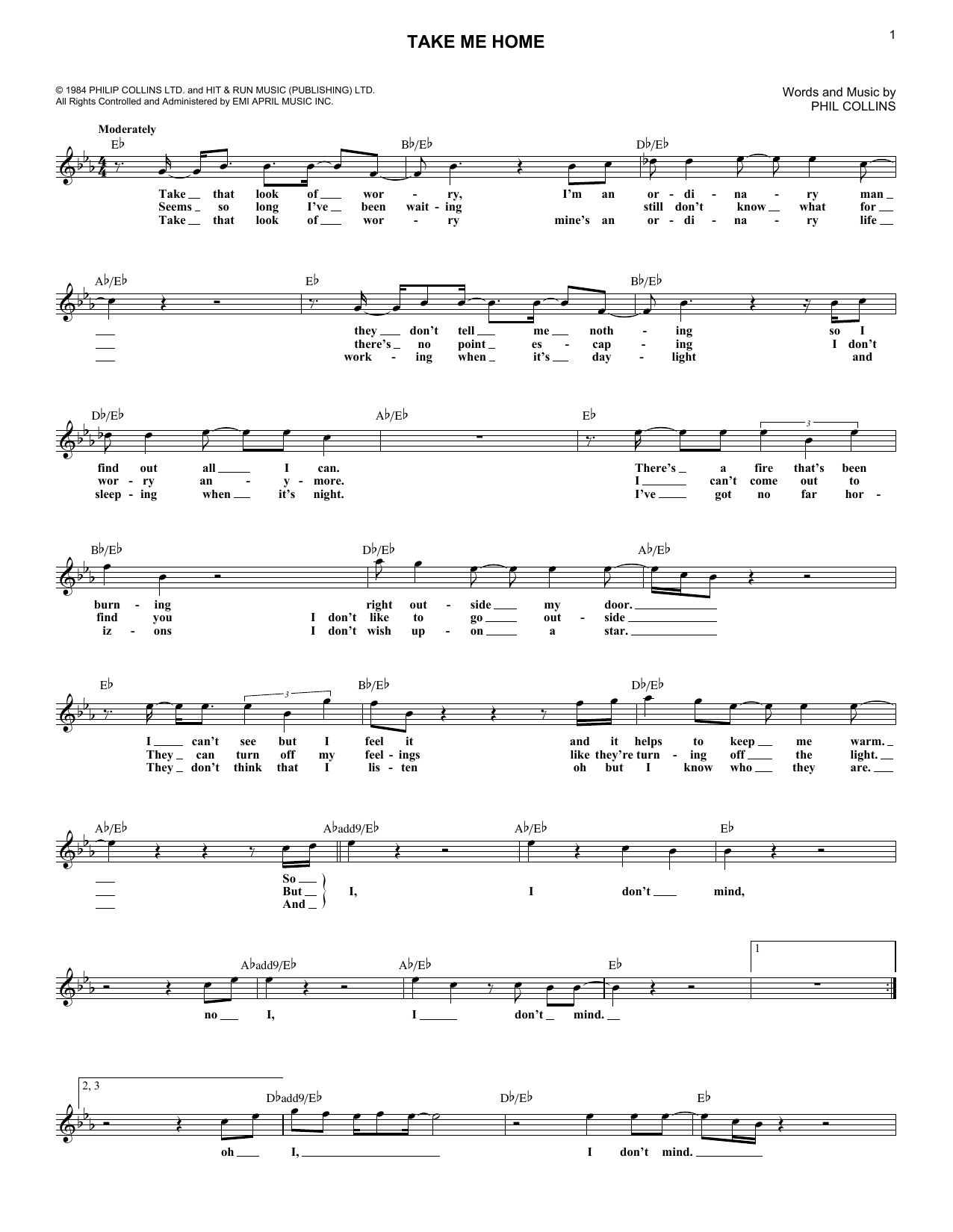 Download Phil Collins Take Me Home Sheet Music and learn how to play Melody Line, Lyrics & Chords PDF digital score in minutes
