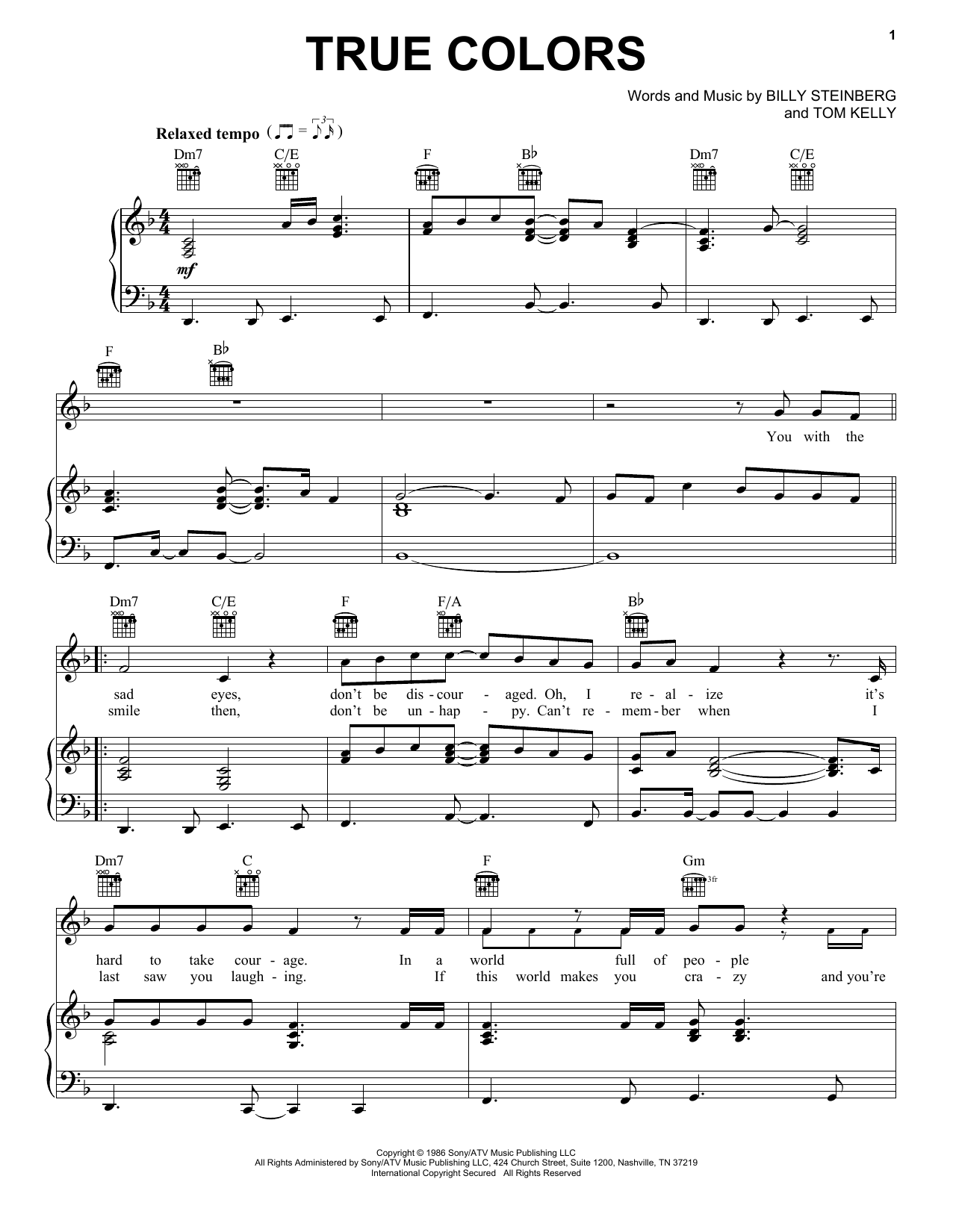 Download Cyndi Lauper True Colors Sheet Music and learn how to play Piano, Vocal & Guitar (Right-Hand Melody) PDF digital score in minutes