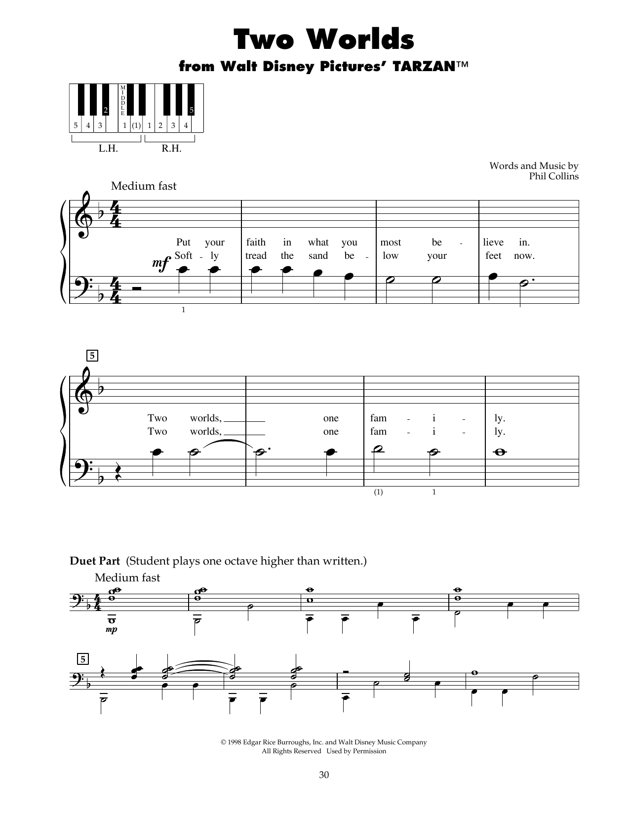 Download Phil Collins Two Worlds (from Tarzan) Sheet Music and learn how to play 5-Finger Piano PDF digital score in minutes