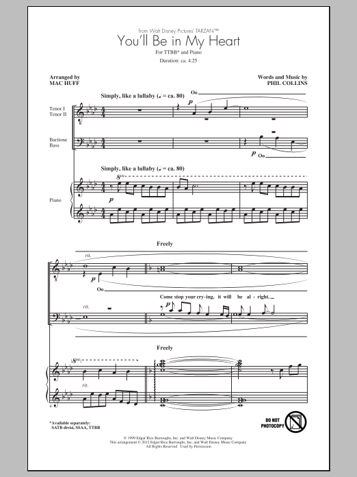 Download Phil Collins You'll Be In My Heart (arr. Mac Huff) Sheet Music and learn how to play TTBB PDF digital score in minutes