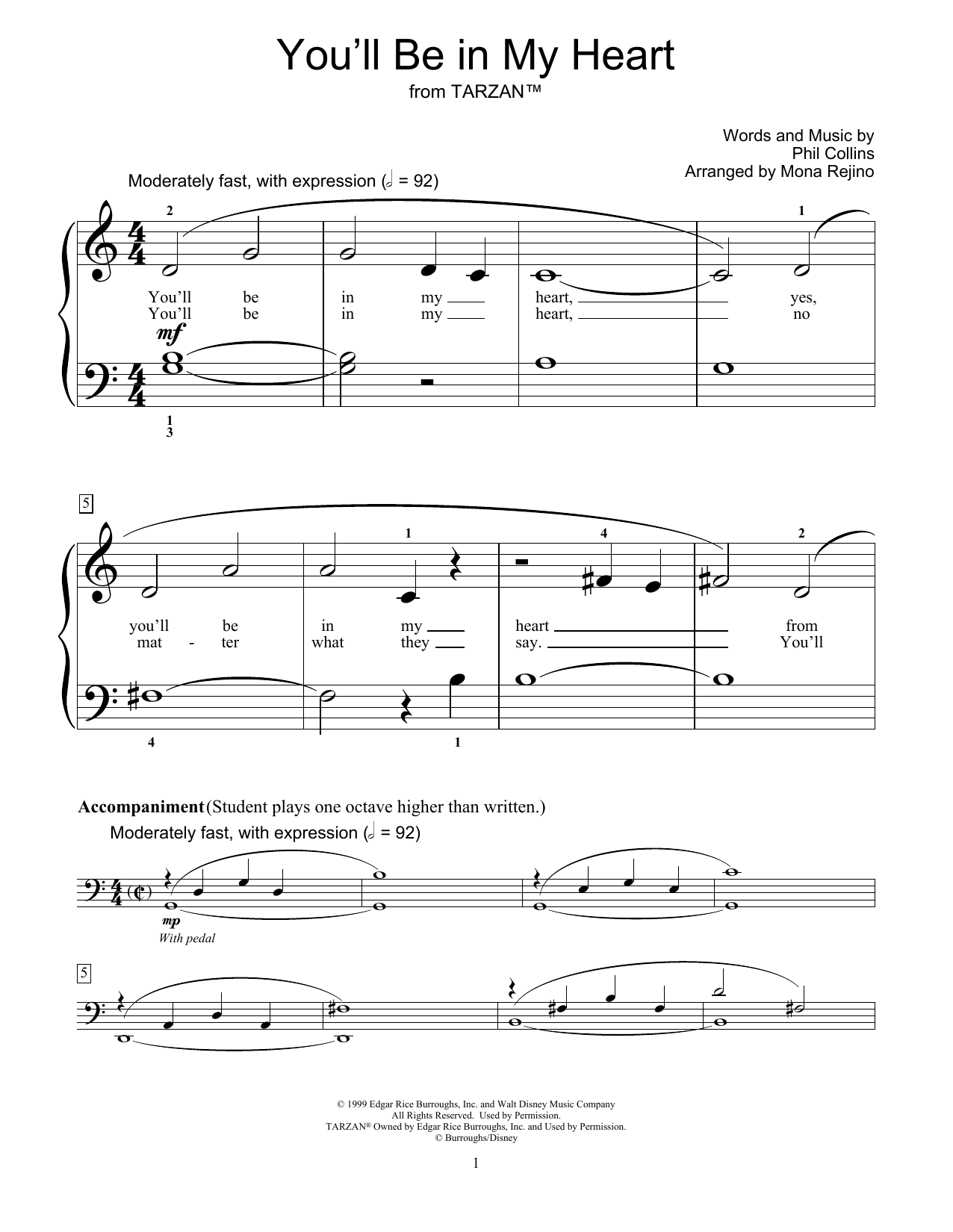 Download Phil Collins You'll Be In My Heart (from Tarzan) (arr. Mona Rejino) Sheet Music and learn how to play Educational Piano PDF digital score in minutes