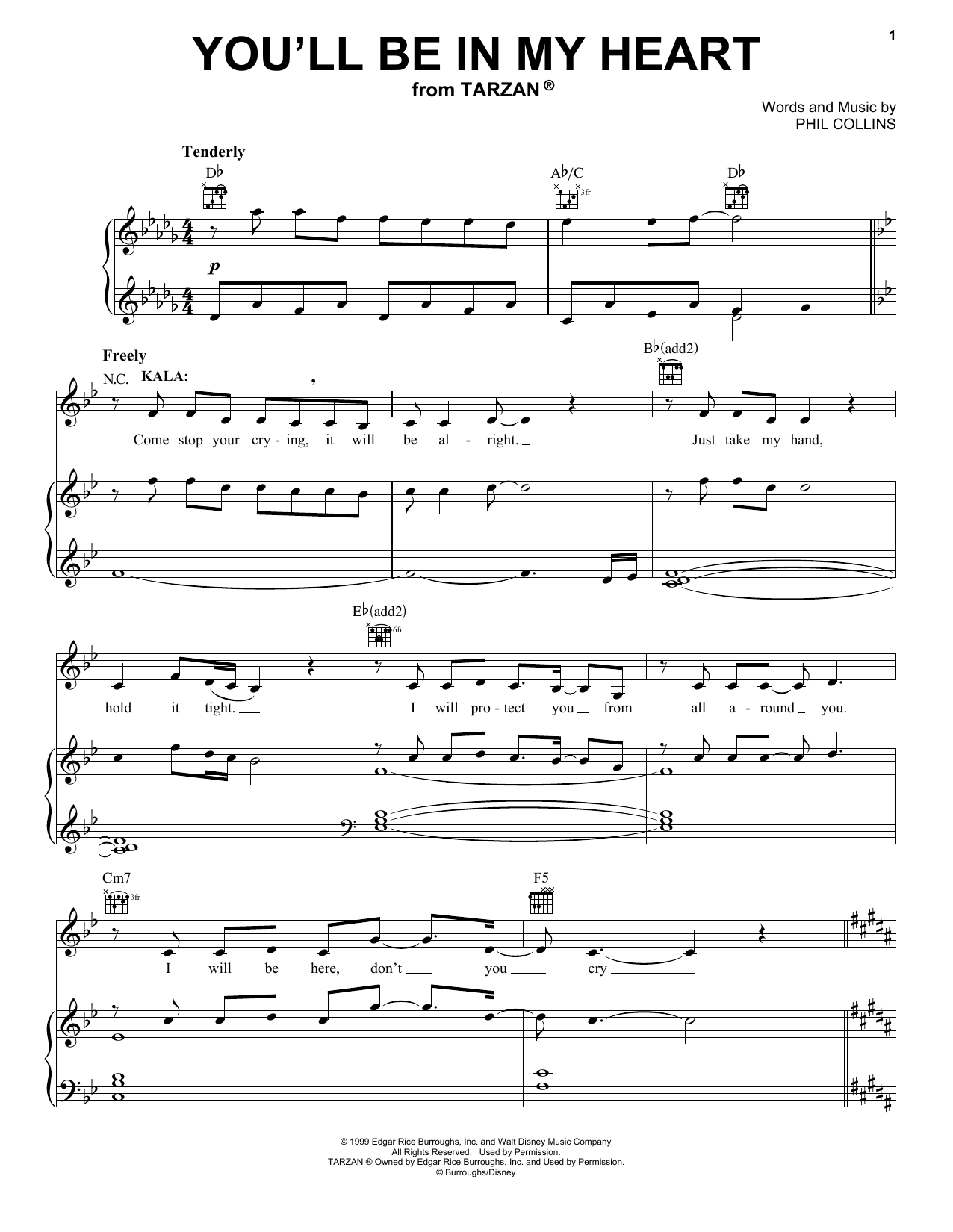 Download Phil Collins You'll Be In My Heart Sheet Music and learn how to play Melody Line, Lyrics & Chords PDF digital score in minutes