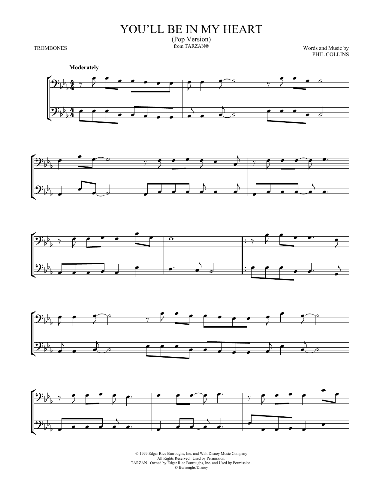 Download Phil Collins You'll Be In My Heart (Pop Version) (from Tarzan) (arr. Mark Phillips) Sheet Music and learn how to play Trombone Duet PDF digital score in minutes