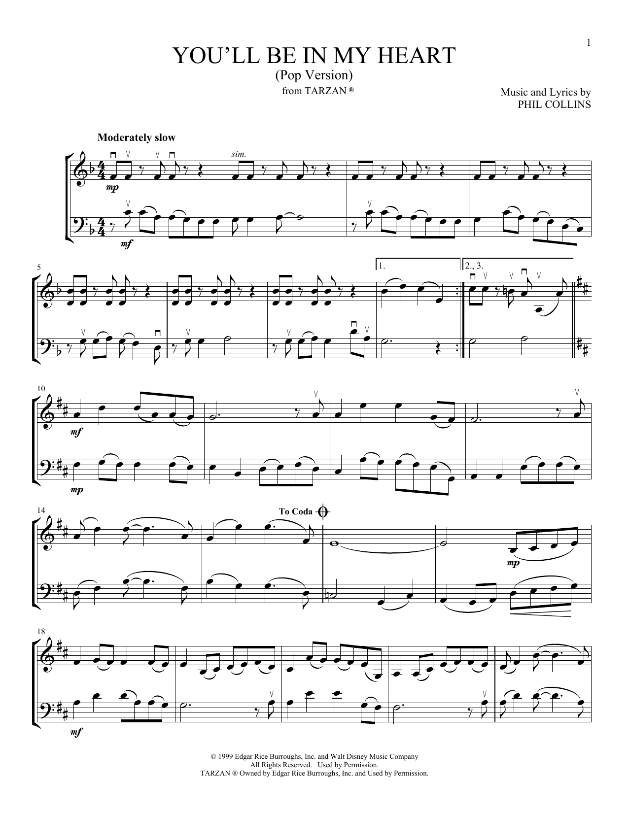 Download Phil Collins You'll Be In My Heart (Pop Version) (from Tarzan) (arr. Michelle Hynson) Sheet Music and learn how to play Instrumental Duet PDF digital score in minutes