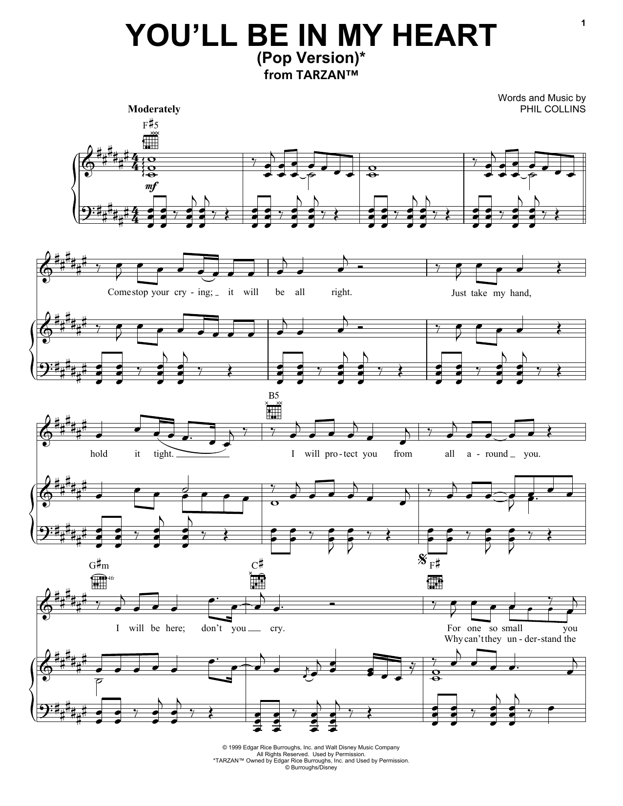 Download Phil Collins Sheet Music and learn how to play Piano, Vocal & Guitar (Right-Hand Melody) PDF score in minutes