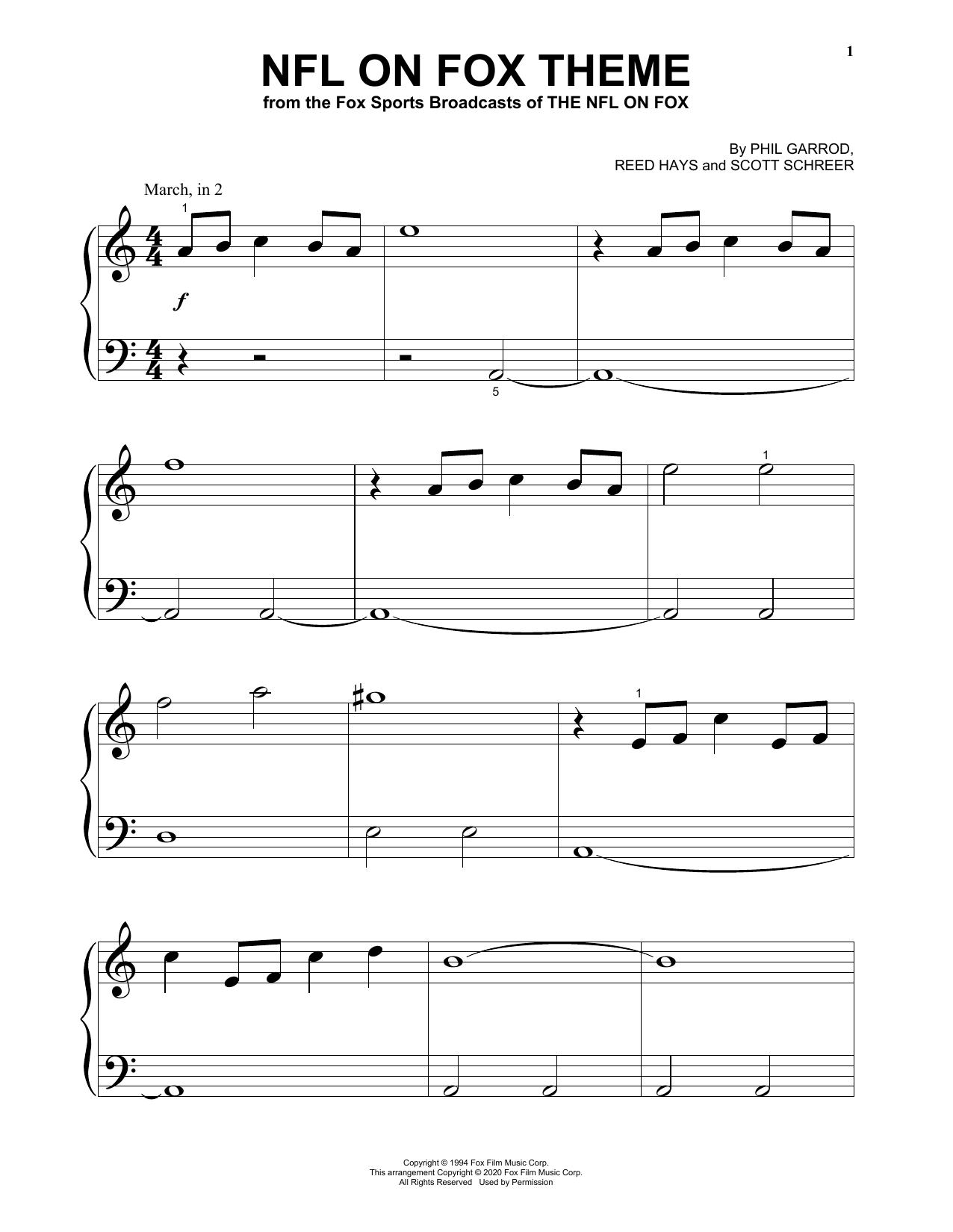 Download Phil Garrod, Reed Hays and Scott Schreer NFL On Fox Theme Sheet Music and learn how to play Big Note Piano PDF digital score in minutes
