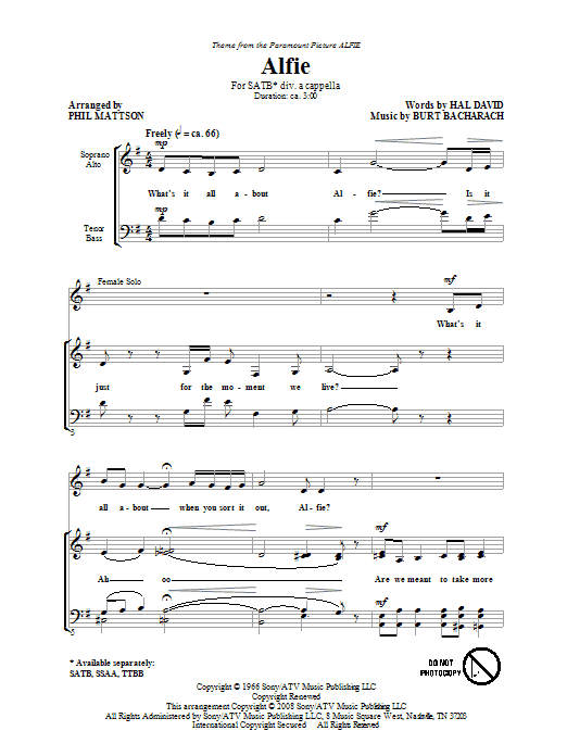 Download Bacharach & David Alfie (arr. Phil Mattson) Sheet Music and learn how to play SATB PDF digital score in minutes