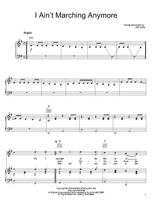 Download Phil Ochs I Ain't Marching Anymore Sheet Music and learn how to play Solo Guitar PDF digital score in minutes