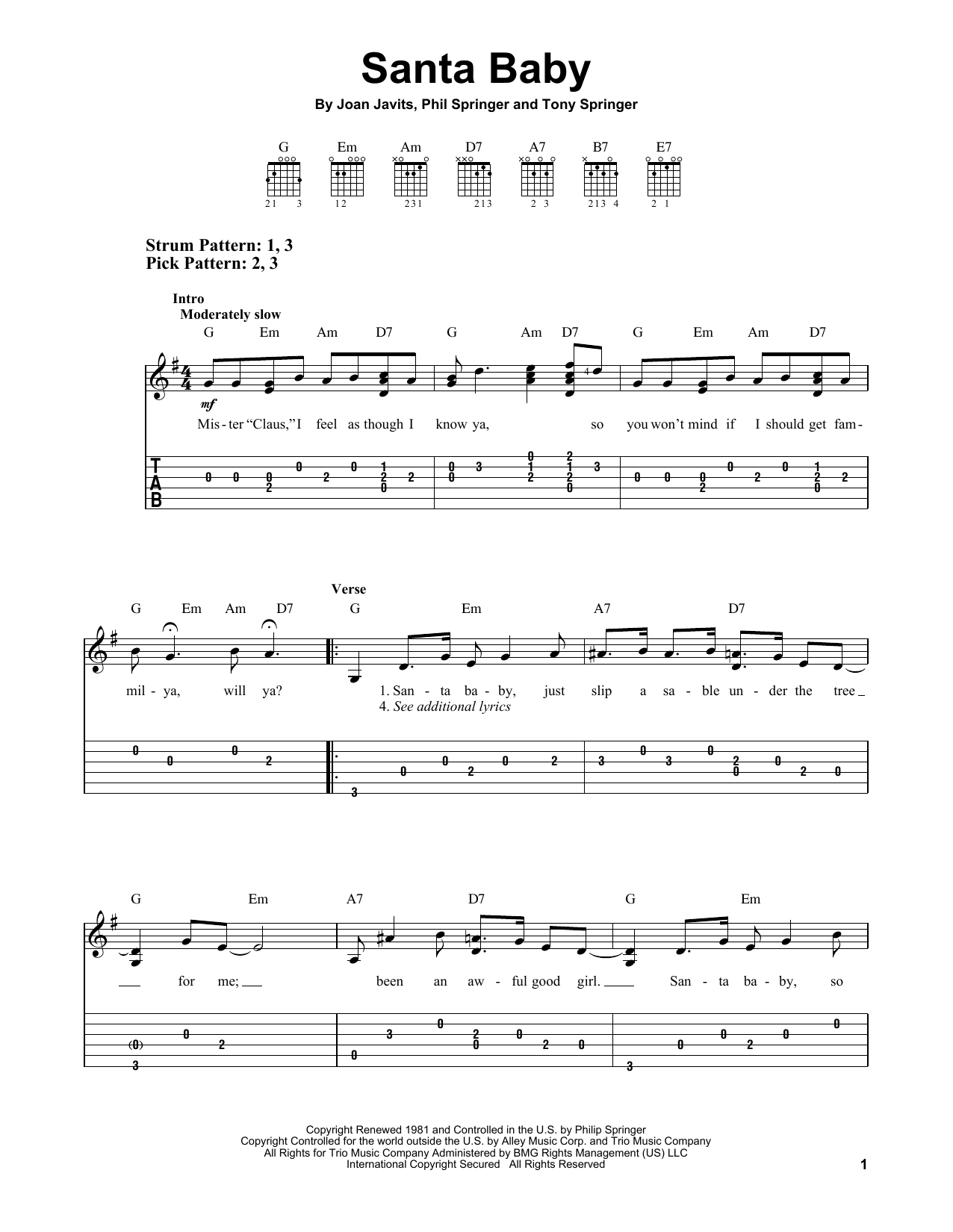 Download Phil Springer Santa Baby Sheet Music and learn how to play Guitar Lead Sheet PDF digital score in minutes