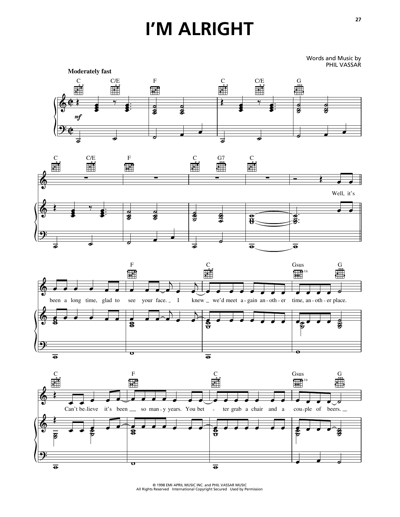 Download Phil Vassar I'm Alright Sheet Music and learn how to play Piano, Vocal & Guitar Chords (Right-Hand Melody) PDF digital score in minutes