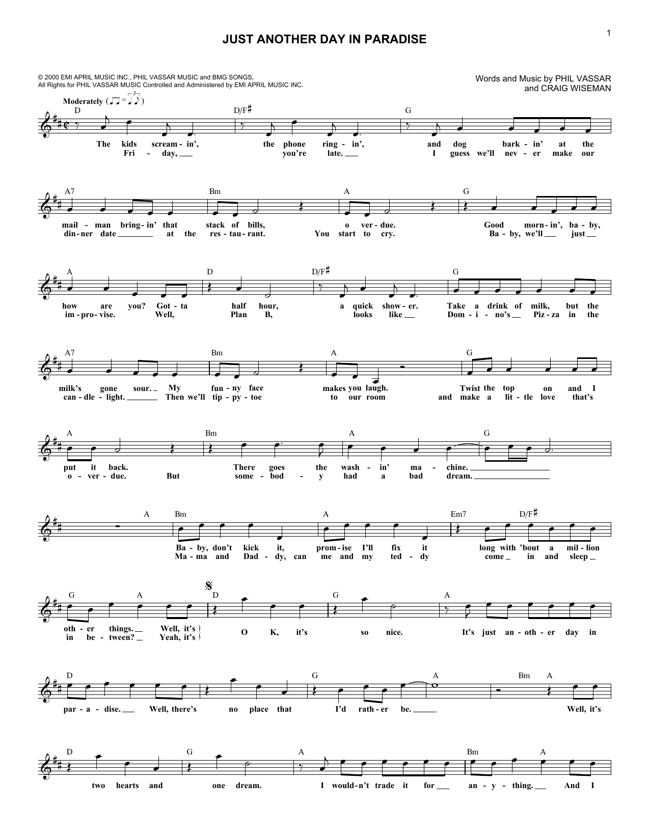Download Phil Vassar Just Another Day In Paradise Sheet Music and learn how to play Melody Line, Lyrics & Chords PDF digital score in minutes