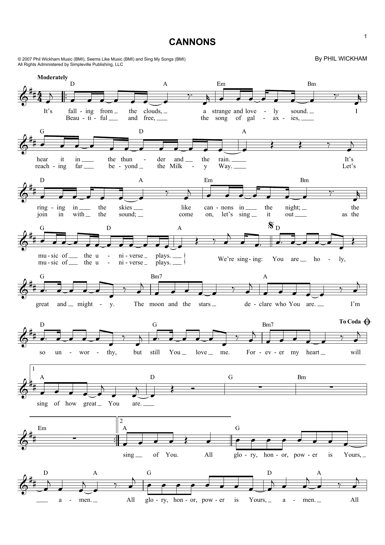 Download Phil Wickham Cannons Sheet Music and learn how to play Lead Sheet / Fake Book PDF digital score in minutes