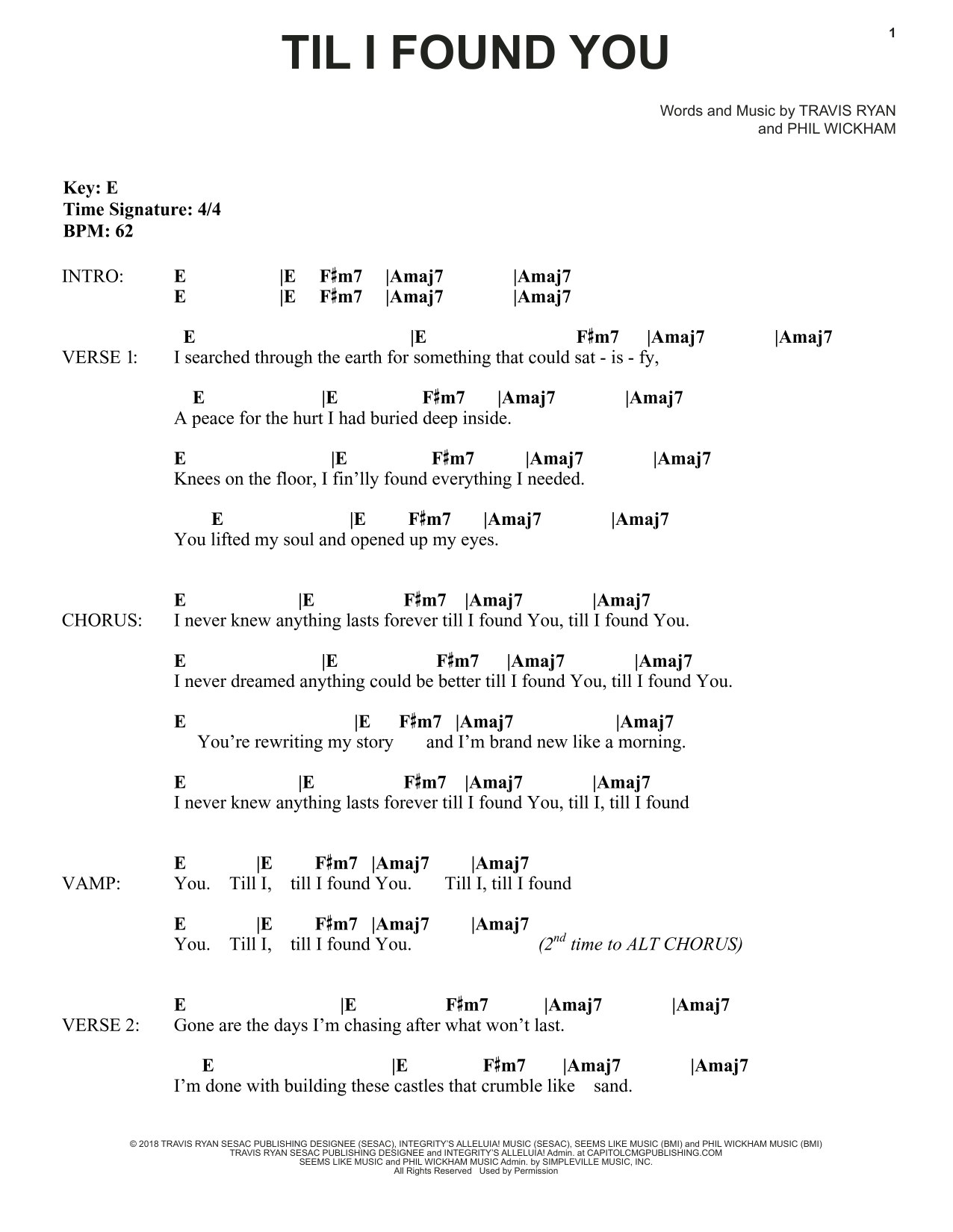 Download Phil Wickham Til I Found You Sheet Music and learn how to play Guitar Chords/Lyrics PDF digital score in minutes
