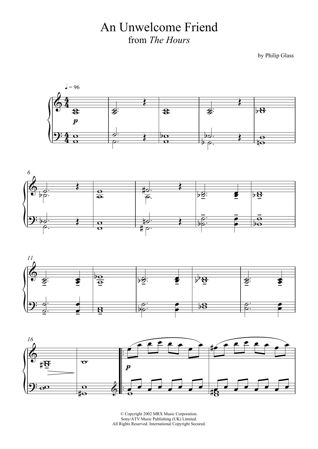 Download Philip Glass An Unwelcome Friend (from 'The Hours') Sheet Music and learn how to play Piano PDF digital score in minutes