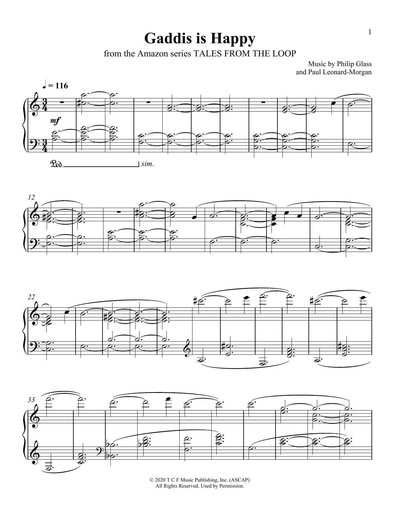 Download Philip Glass and Paul Leonard-Morgan Gaddis Is Happy (from Tales From The Loop) Sheet Music and learn how to play Piano Solo PDF digital score in minutes