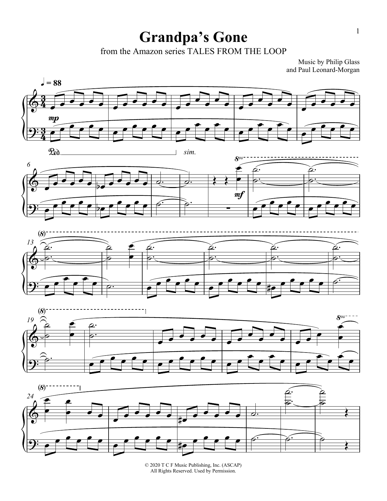 Download Philip Glass and Paul Leonard-Morgan Grandpa's Gone (from Tales From The Loop) Sheet Music and learn how to play Piano Solo PDF digital score in minutes