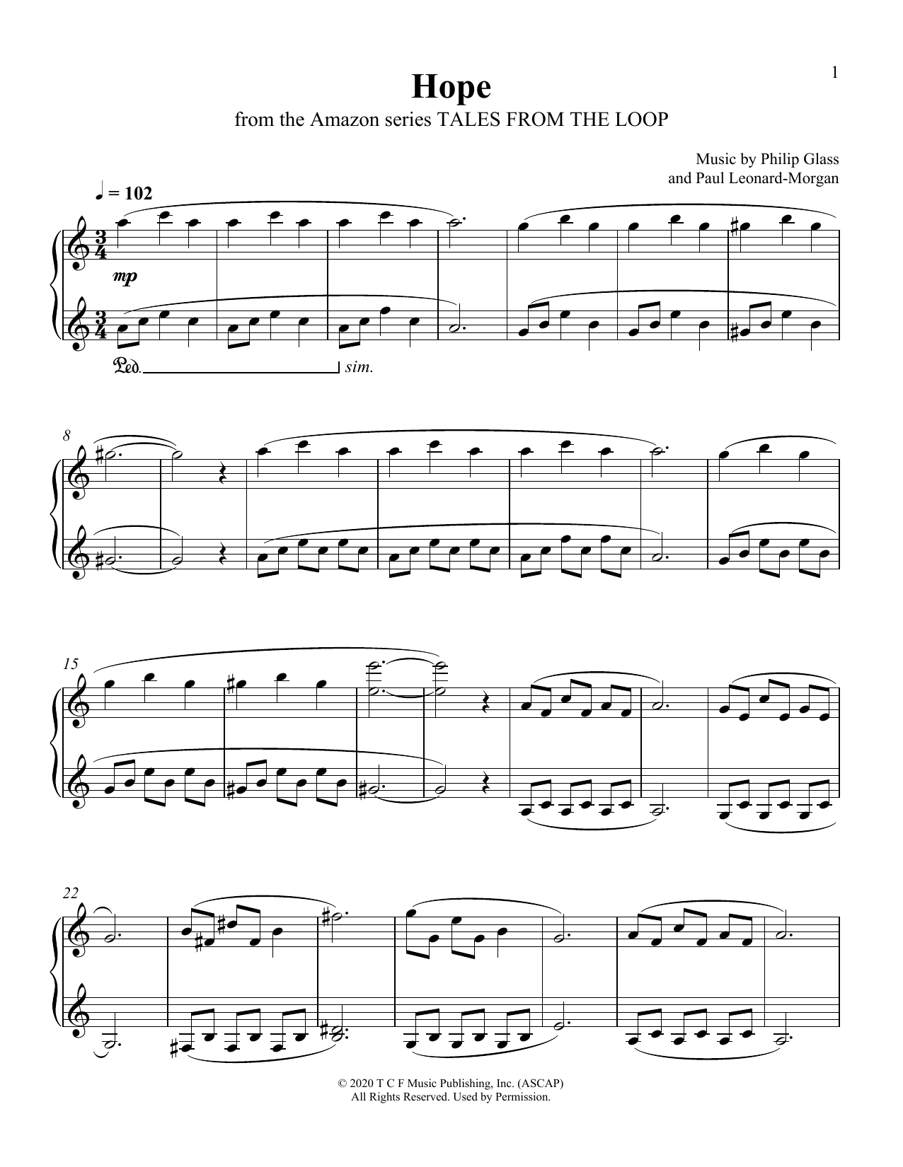 Download Philip Glass and Paul Leonard-Morgan Hope (from Tales From The Loop) Sheet Music and learn how to play Piano Solo PDF digital score in minutes