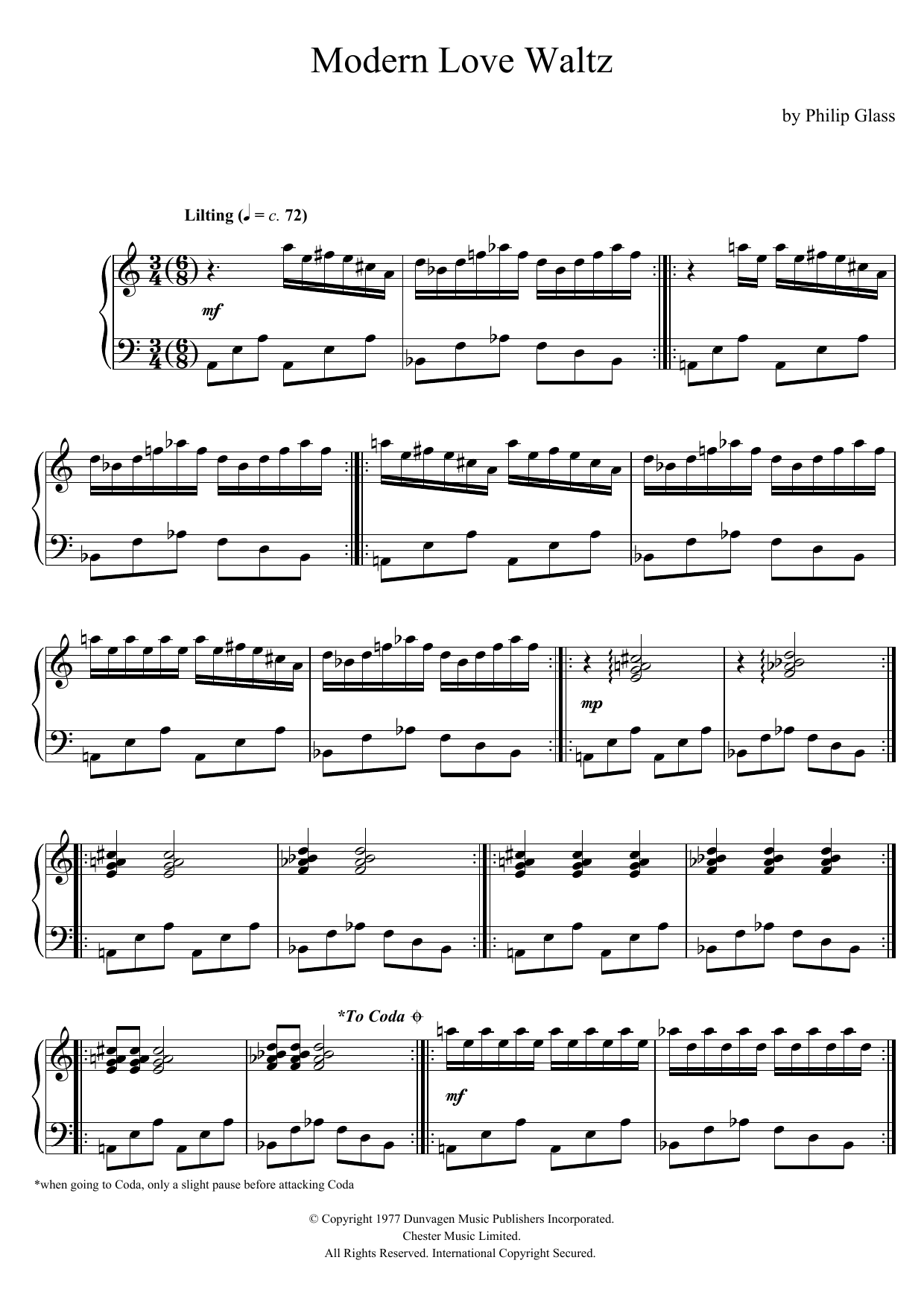 Download Philip Glass Modern Love Waltz Sheet Music and learn how to play Piano PDF digital score in minutes