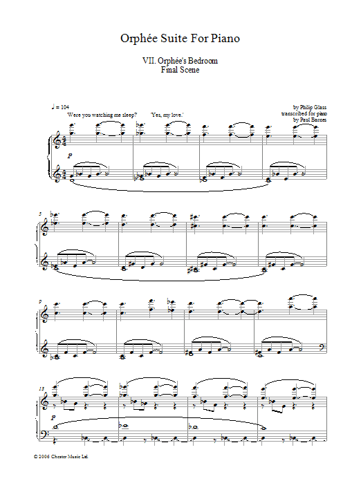 Download Philip Glass Orphée Suite For Piano, VII. Orphée's Bedroom Final Scene Sheet Music and learn how to play Piano PDF digital score in minutes