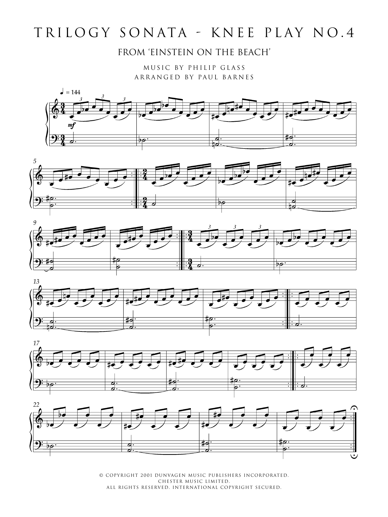 Download Philip Glass Trilogy Sonata - Knee Play No. 4 (from 'Einstein On The Beach') Sheet Music and learn how to play Piano PDF digital score in minutes
