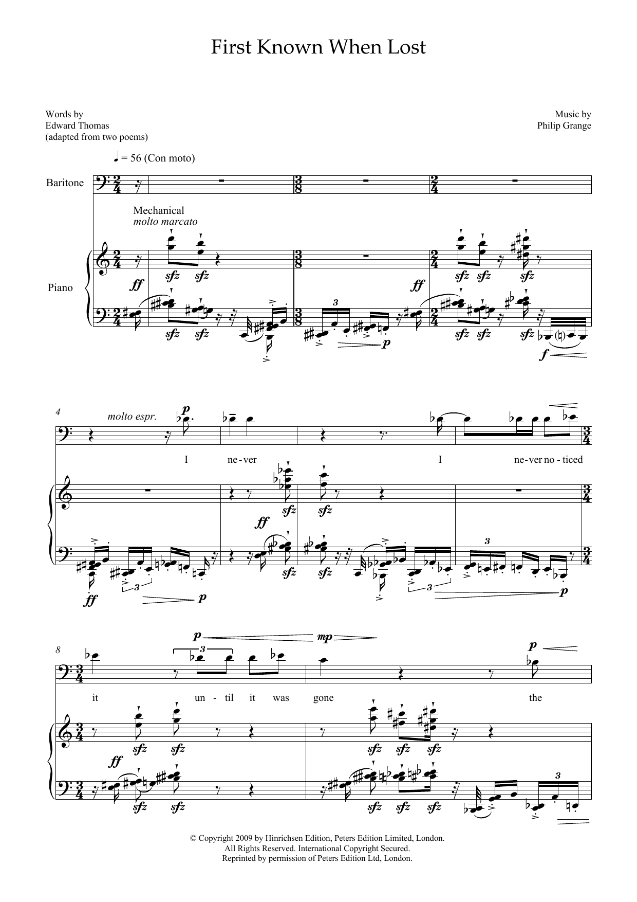 Download Philip Grange First Known When Lost (for baritone & piano) Sheet Music and learn how to play Piano & Vocal PDF digital score in minutes