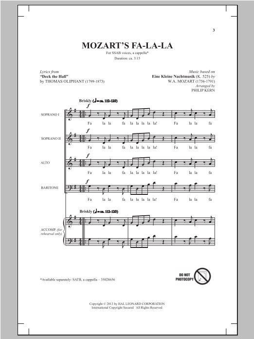 Download Philip Kern Mozart's Fa-La-La Sheet Music and learn how to play SAB PDF digital score in minutes