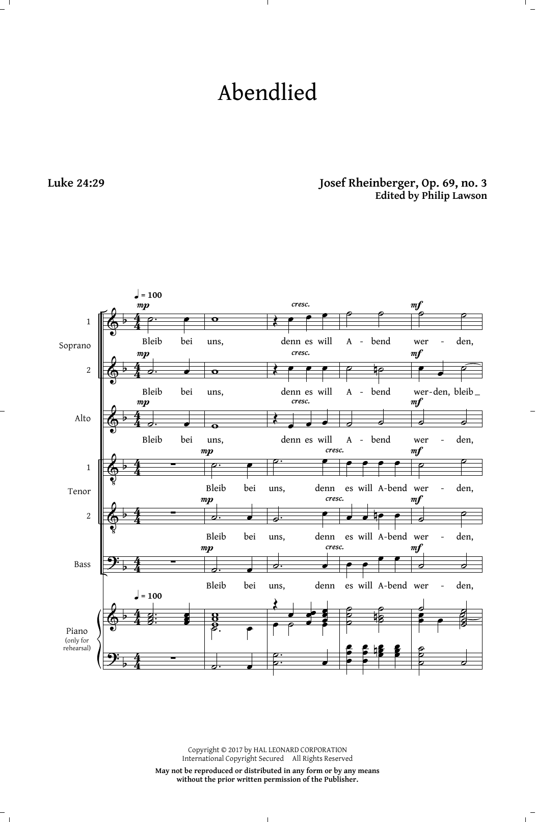 Download Philip Lawson Abendlied, Op. 69, No. 3 Sheet Music and learn how to play Choral SSAATTBB PDF digital score in minutes