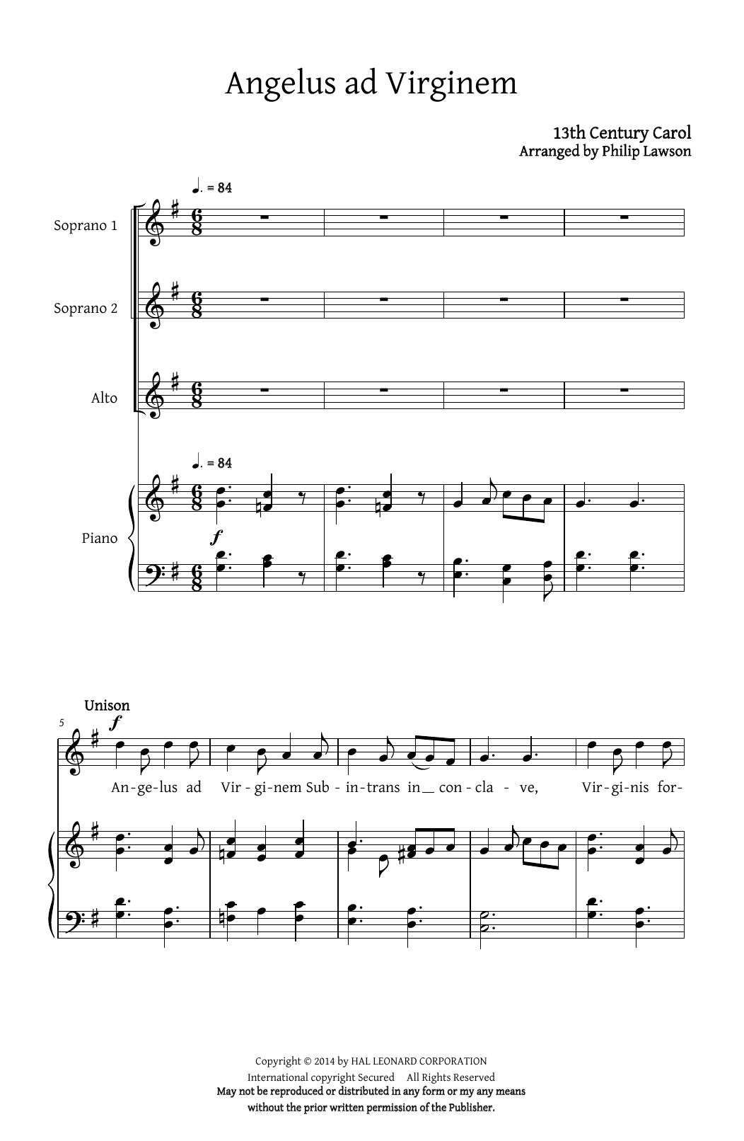 Download Christmas Carol Angelus Ad Virginem (arr. Philip Lawson) Sheet Music and learn how to play SATB PDF digital score in minutes