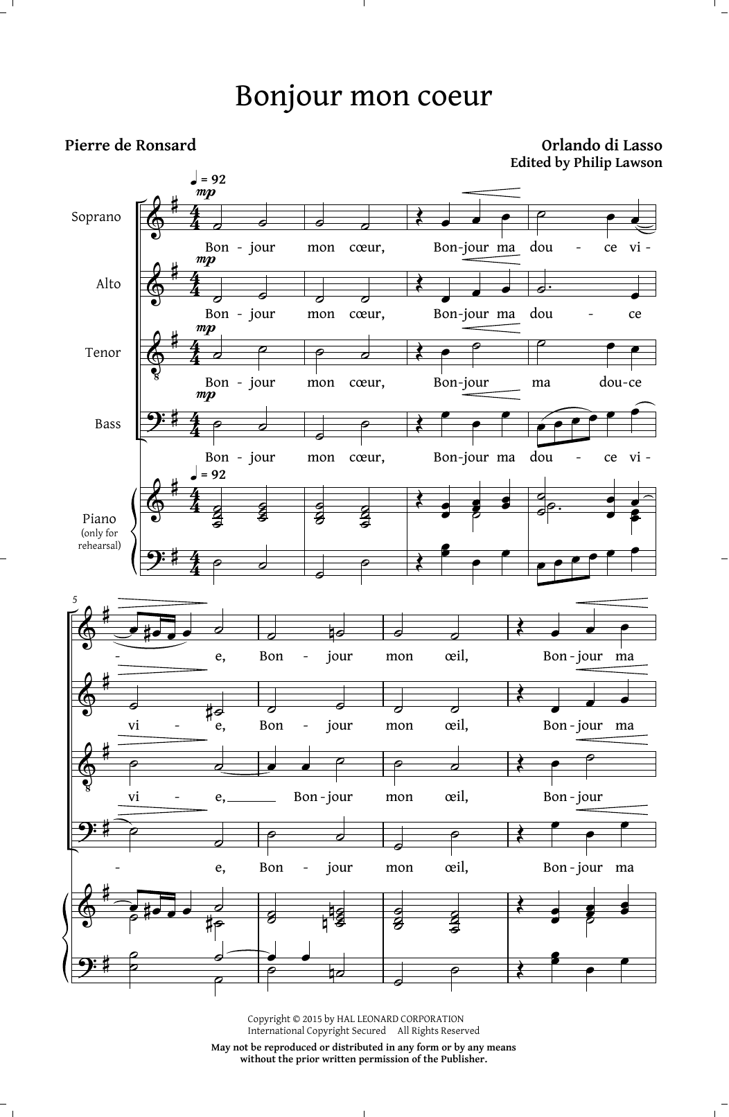 Download Orlando di Lasso Bonjour Mon Coeur (arr. Philip Lawson) Sheet Music and learn how to play SATB PDF digital score in minutes