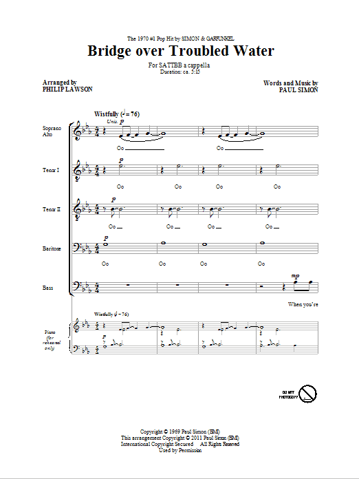 Download Simon & Garfunkel Bridge Over Troubled Water (arr. Philip Lawson) Sheet Music and learn how to play SATB PDF digital score in minutes