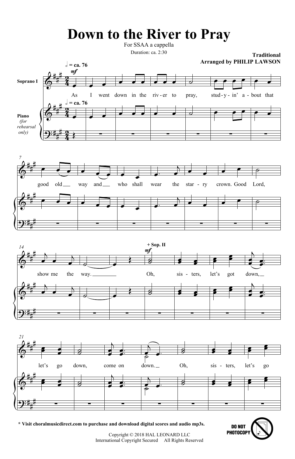 Download Philip Lawson Down To The River To Pray Sheet Music and learn how to play SSAA Choir PDF digital score in minutes