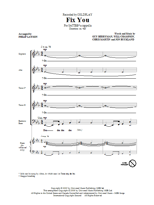 Download Coldplay Fix You (arr. Philip Lawson) Sheet Music and learn how to play SATB PDF digital score in minutes