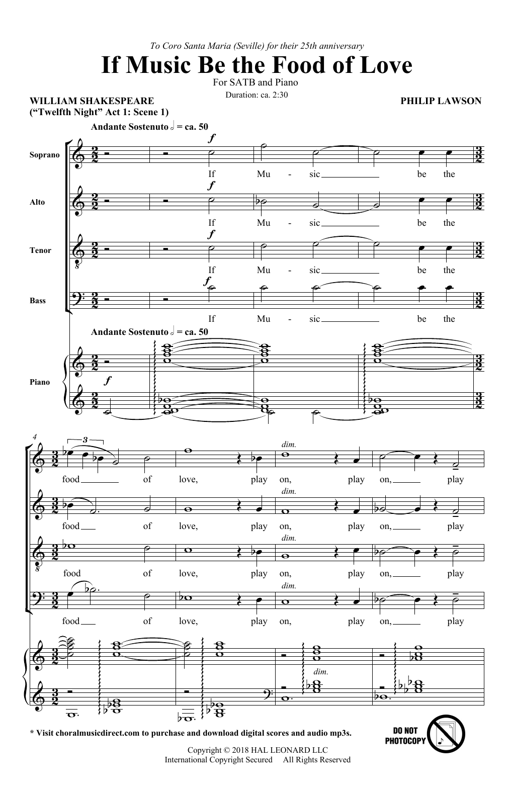 Download Philip Lawson If Music Be The Food Of Love Sheet Music and learn how to play SATB Choir PDF digital score in minutes